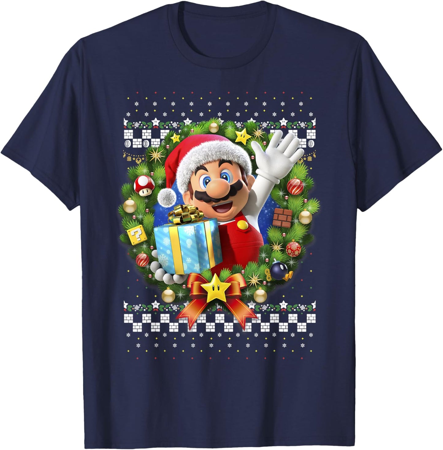 Super Mario 3D Christmas Wreath Present Graphic Short Sleeve T-Shirt - T-Shirt | Navy