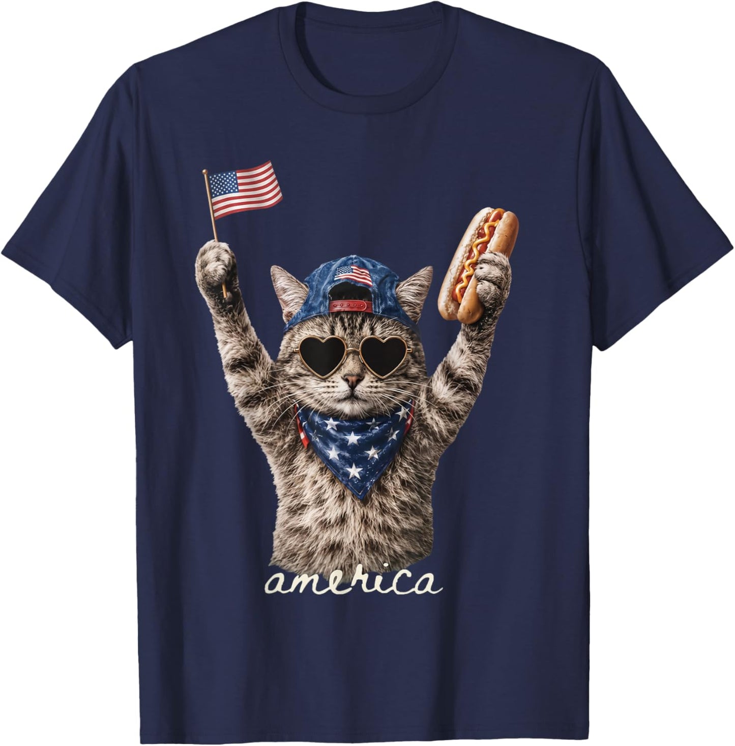 Retro Funny America Cat Hot Dog Lovers Patriotic US Flag T-Shirt - T-Shirt | Navy