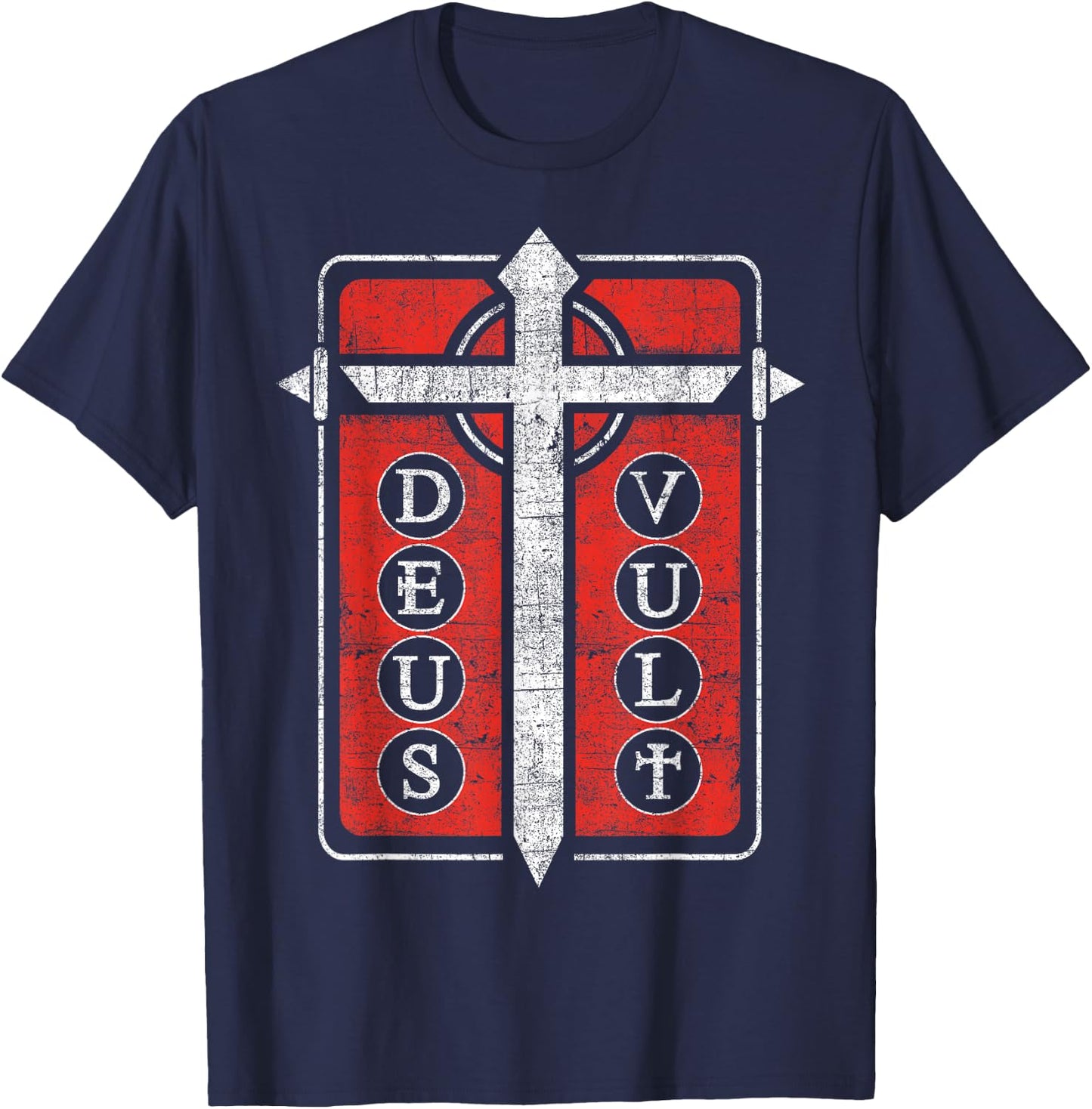 Deus Vult Templar Knight Cross Faith Sword Medieval Crusader T-Shirt - T-Shirt | Navy
