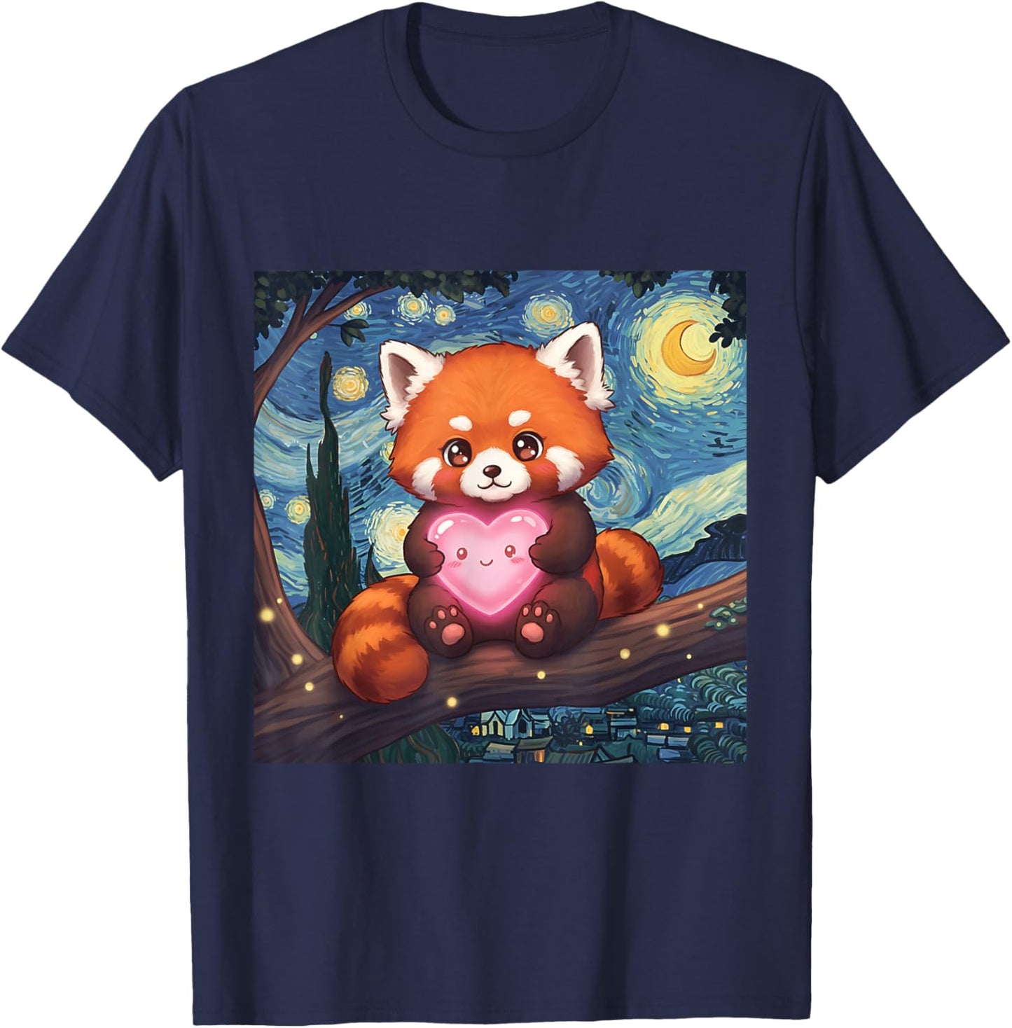 Cute Adorable Red Panda Holding Heart Van Gogh Inspired T-Shirt - T-Shirt | Navy