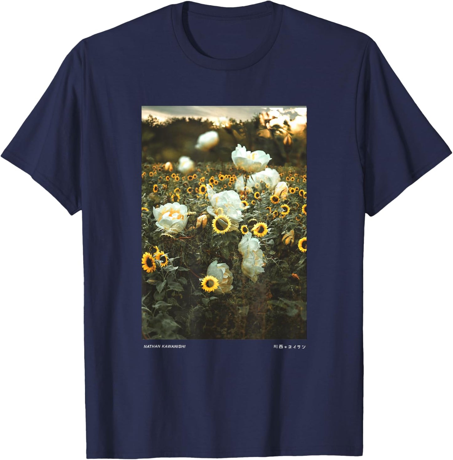 Nathan Kawanishi Aesthetic Modern Floral Sunflower - Women's Classic Fit Black Short Sleeve Small T-Shirt - T-Shirt | Navy