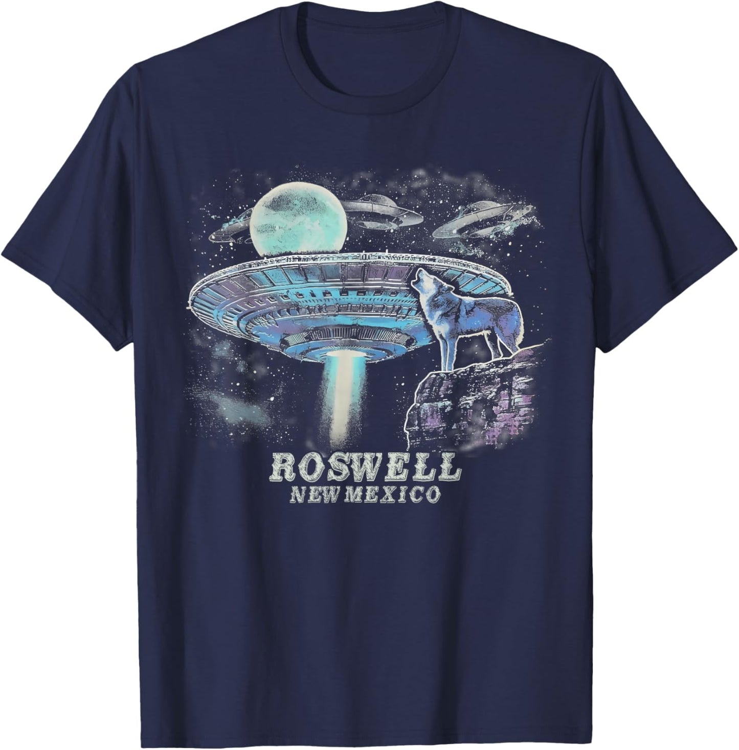 Vintage Roswell New Mexico Shirt | Moon Wolf Black Aliens T-Shirt - T-Shirt | Navy