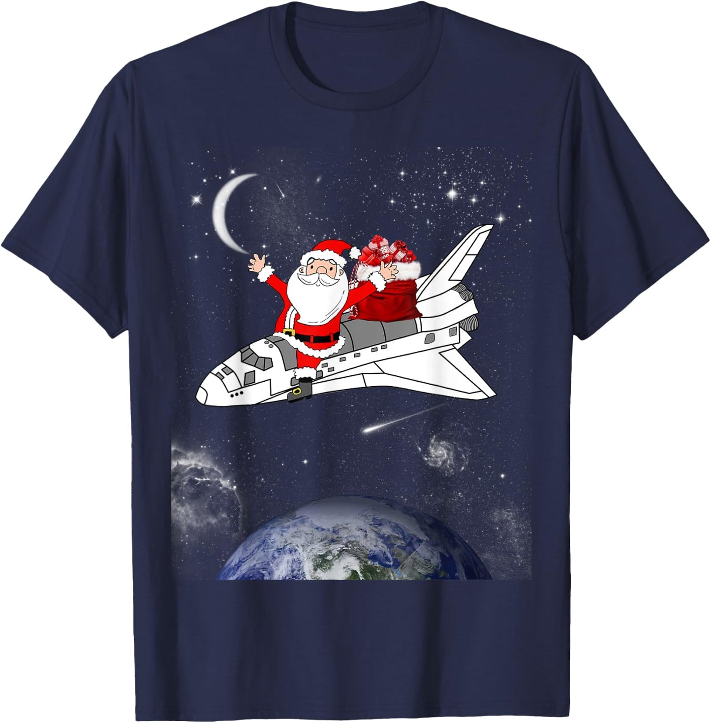 Santa In Space Spaceship Christmas Holiday Gift T-Shirt - T-Shirt | Navy