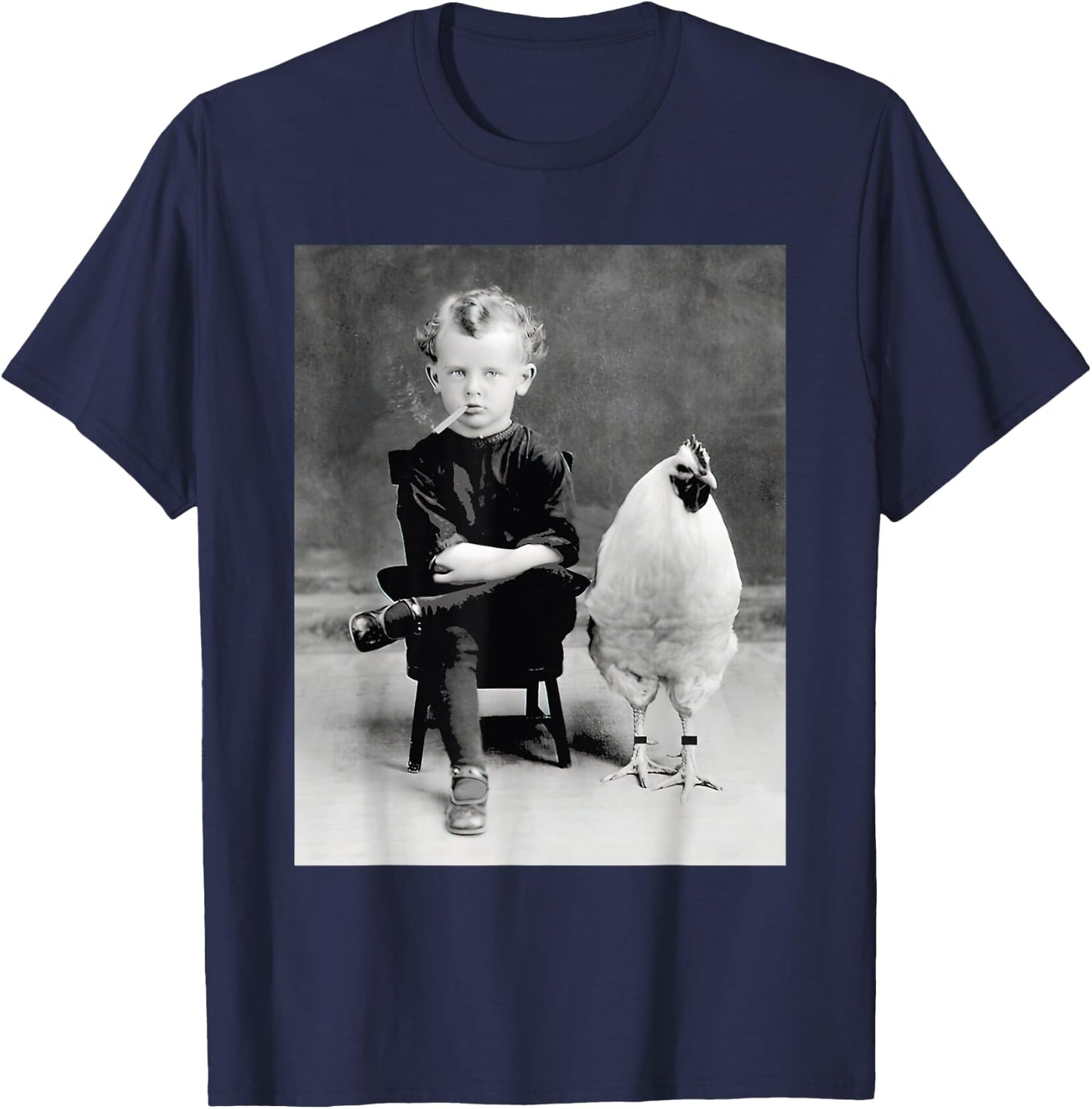 Little Boy With Chicken Rooster Smoking Vintage T-Shirt - T-Shirt | Navy