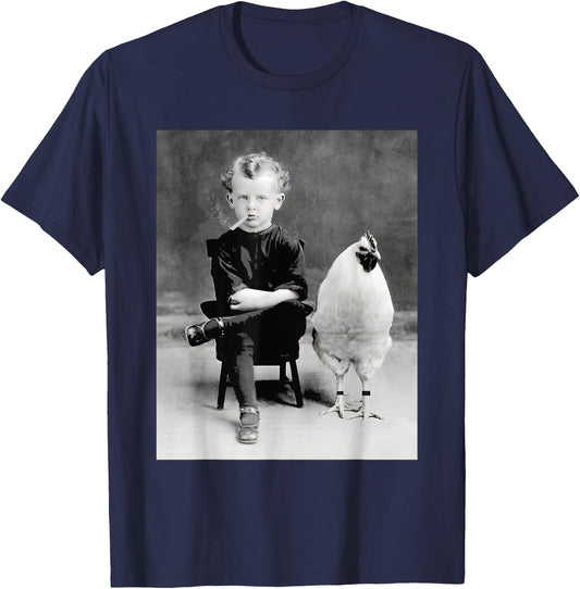 Little Boy With Chicken Rooster Smoking Vintage T-Shirt - T-Shirt | Navy