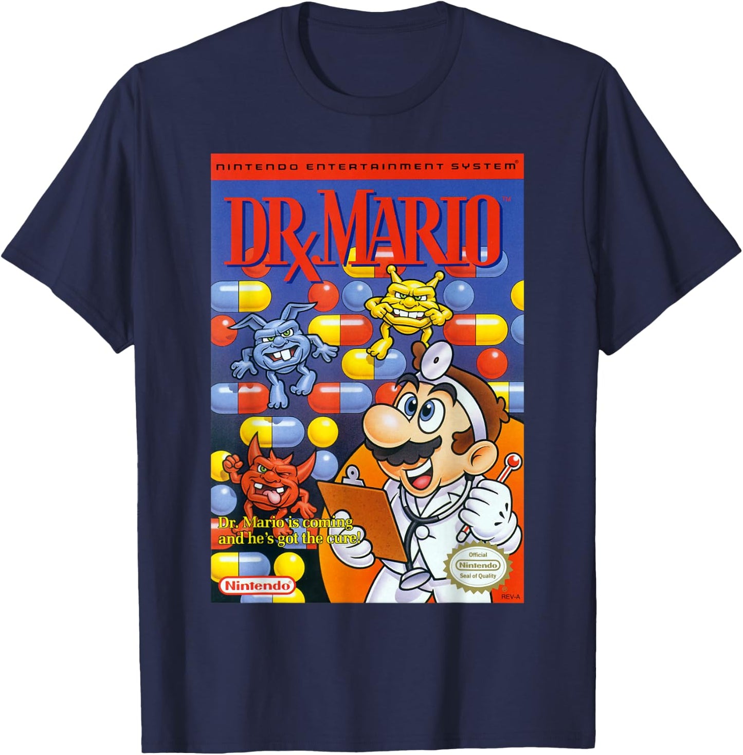 Super Mario Dr Mario Retro NES Game Cover Poster T-Shirt - T-Shirt | Navy