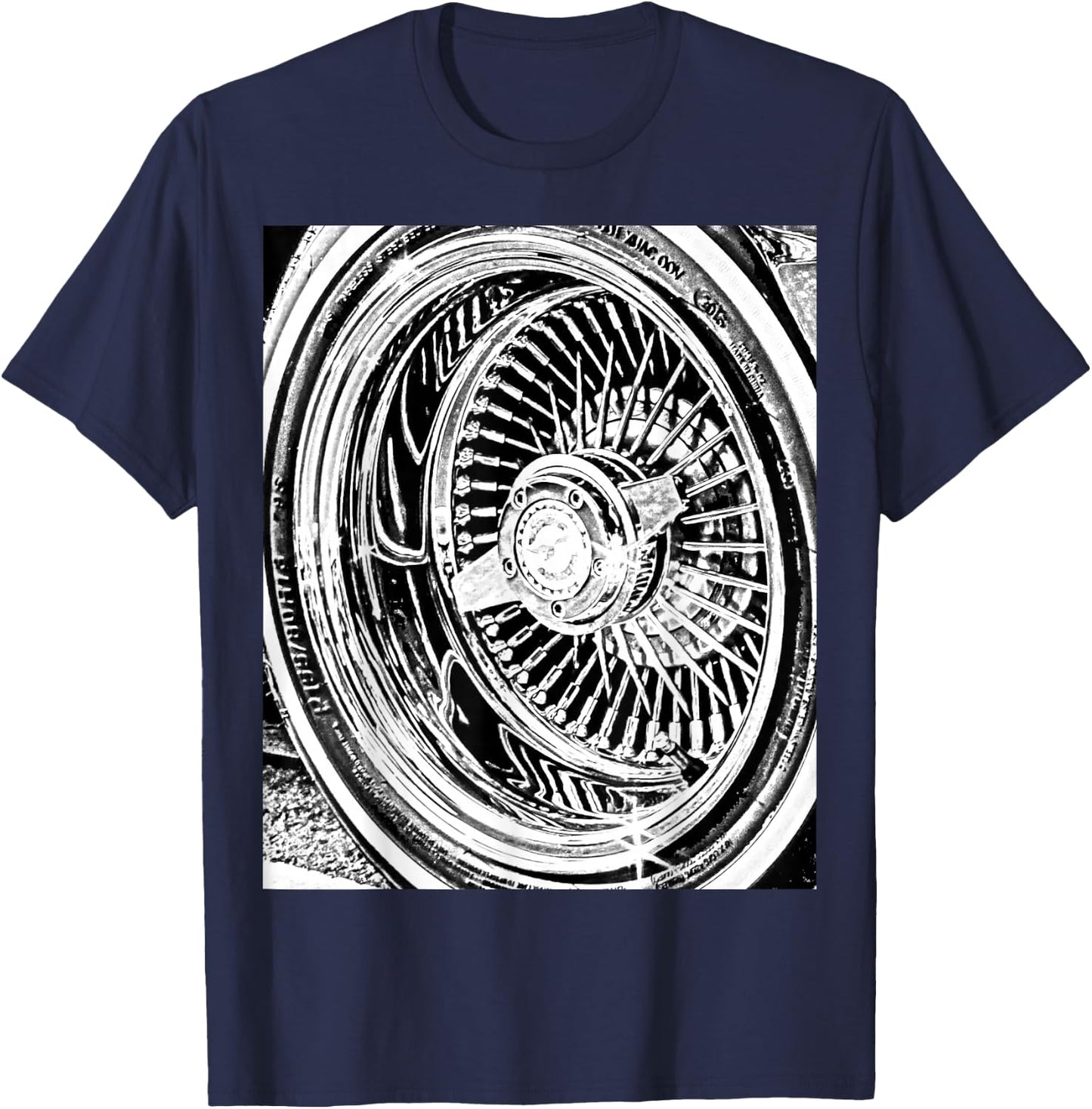Lowrder Wire Wheel 100 Spoke Knock off T-Shirt - T-Shirt | Navy