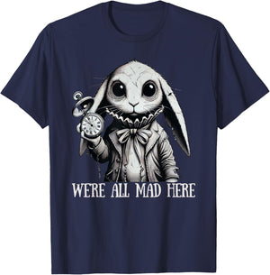 Alice in Wonderland - We're All Mad Here Rabbit Hatter Quote T-Shirt - T-Shirt | Navy