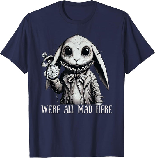 Alice in Wonderland - We're All Mad Here Rabbit Hatter Quote T-Shirt - T-Shirt | Navy