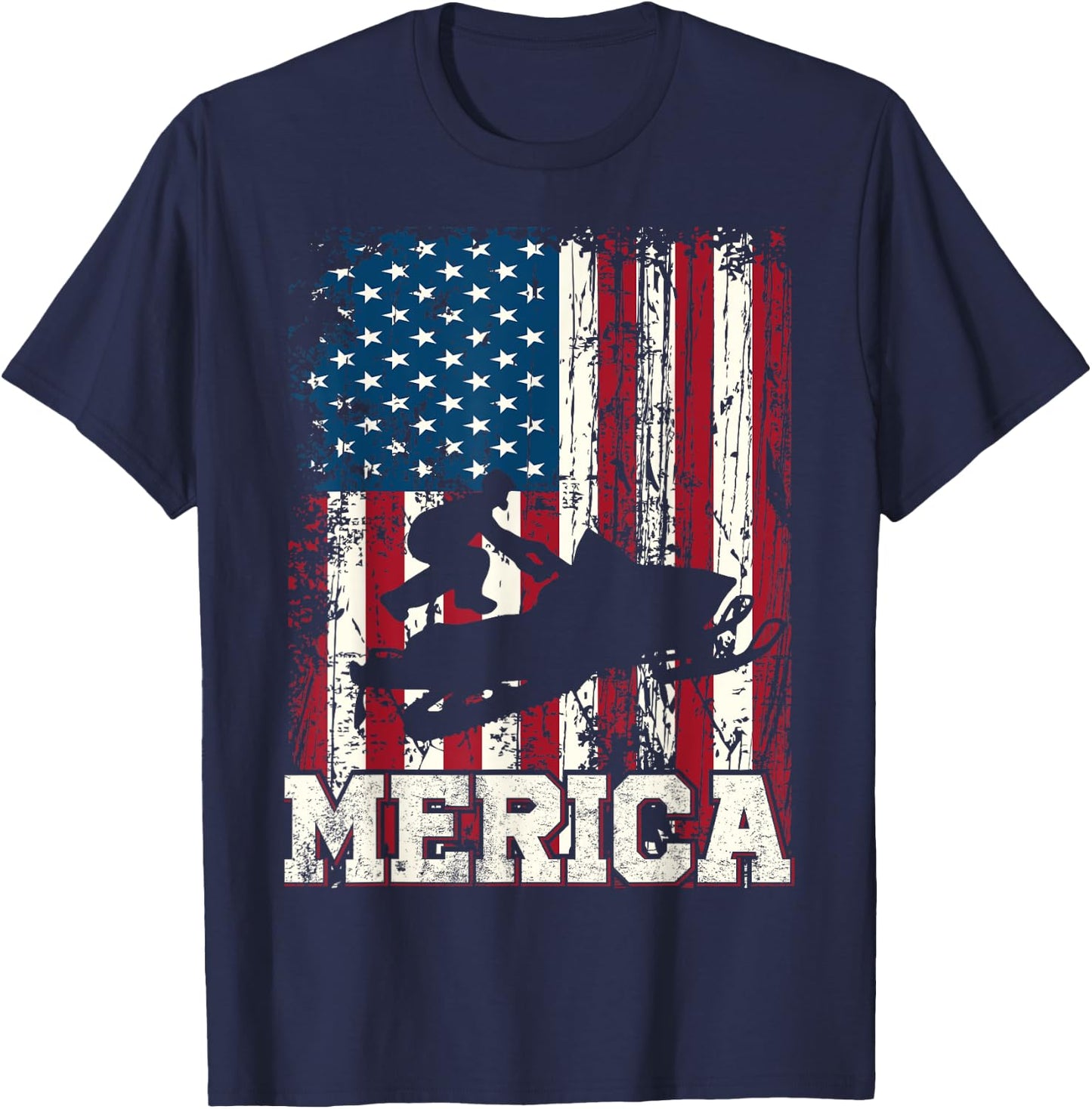 Distressed American Flag Snowmobile Gift Men Women Kids T-Shirt - T-Shirt | Navy