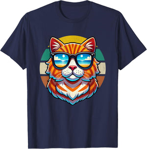Funny Retro Vintage Tabby Cat Wearing Sunglasses Men Women Kids T-Shirt - T-Shirt | Navy