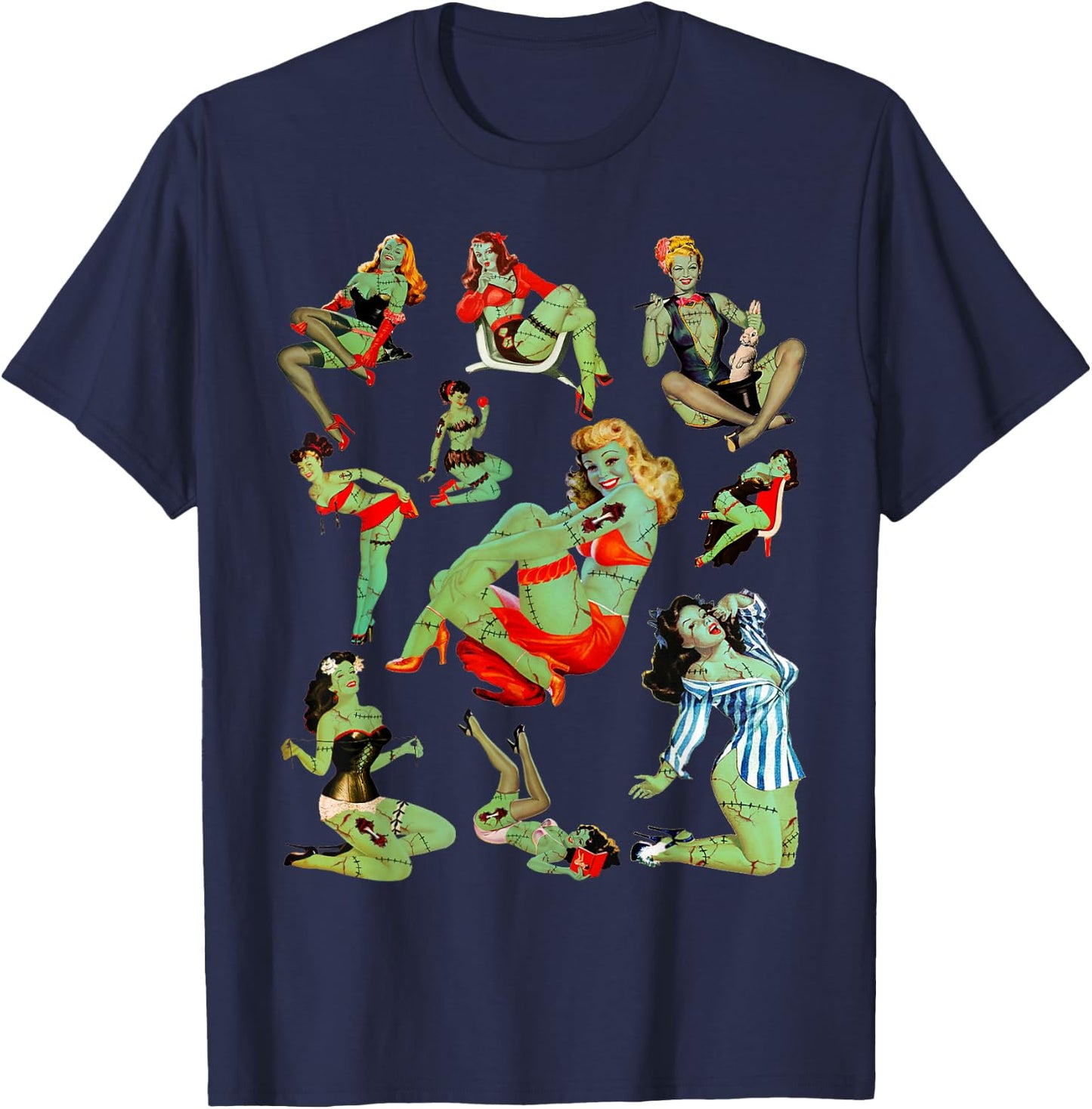 Zombie Pin Up Girl Halloween Sassy Cute Collage Apocalypse T-Shirt - T-Shirt | Navy