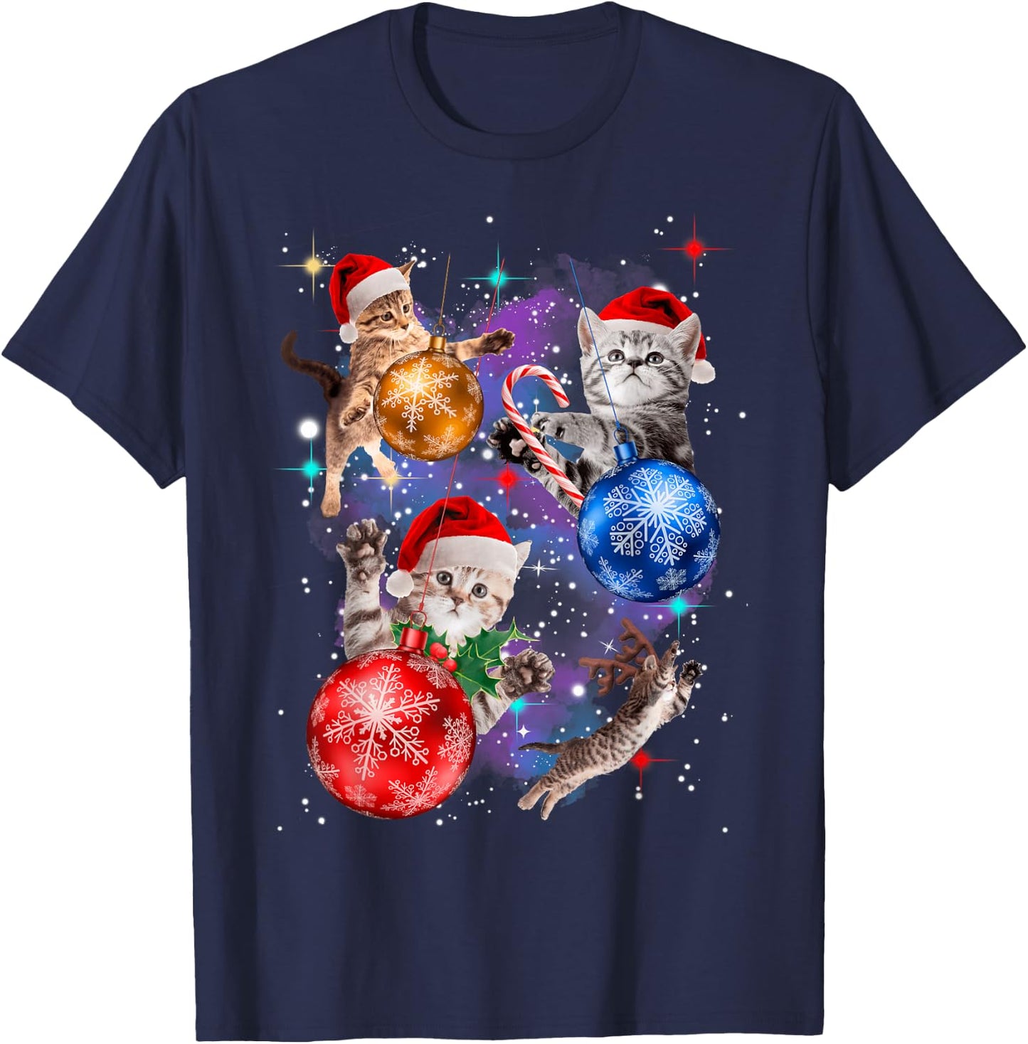 Cute Christmas Cats In Space Ornaments T-Shirt - T-Shirt | Navy