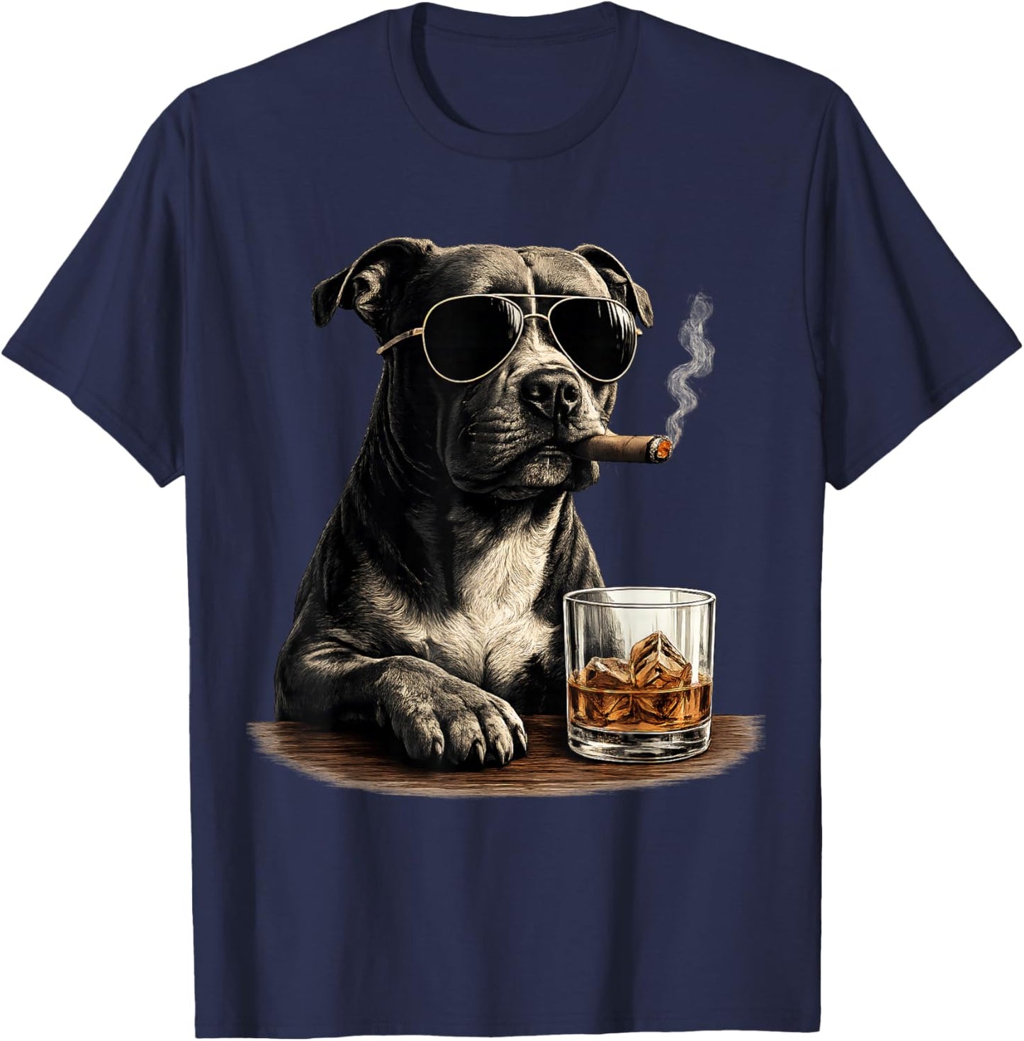Funny Pitbull Meme Smoking Cigar Whisky Dog Dad Lovers T-Shirt - T-Shirt | Navy