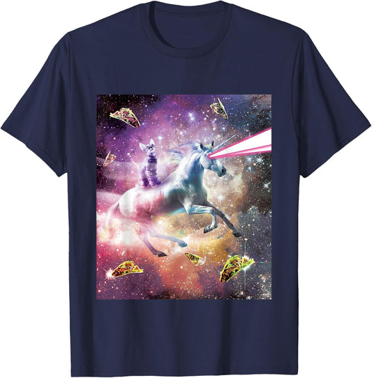 Funny Cute Universe Space Galaxy Cat Meme Unicorn Taco Gift Men Women Kids T-Shirt - T-Shirt | Navy