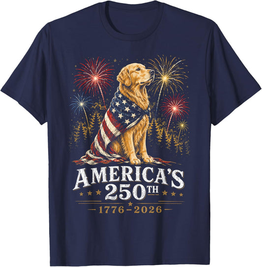 Golden Retriever America's 250th Anniversary 1776 2026 T-Shirt - T-Shirt | Navy