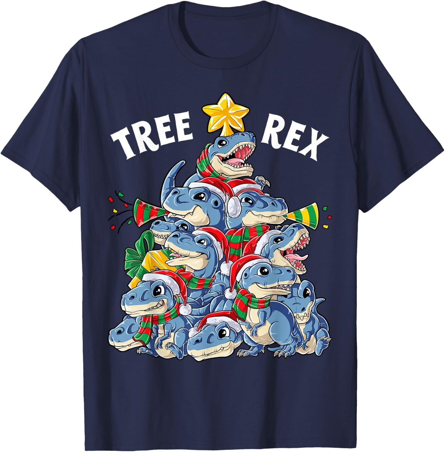 Christmas Dinosaur Tree Rex Pyjamas Men Boys Xmas Santa Hat T-Shirt - T-Shirt | Navy
