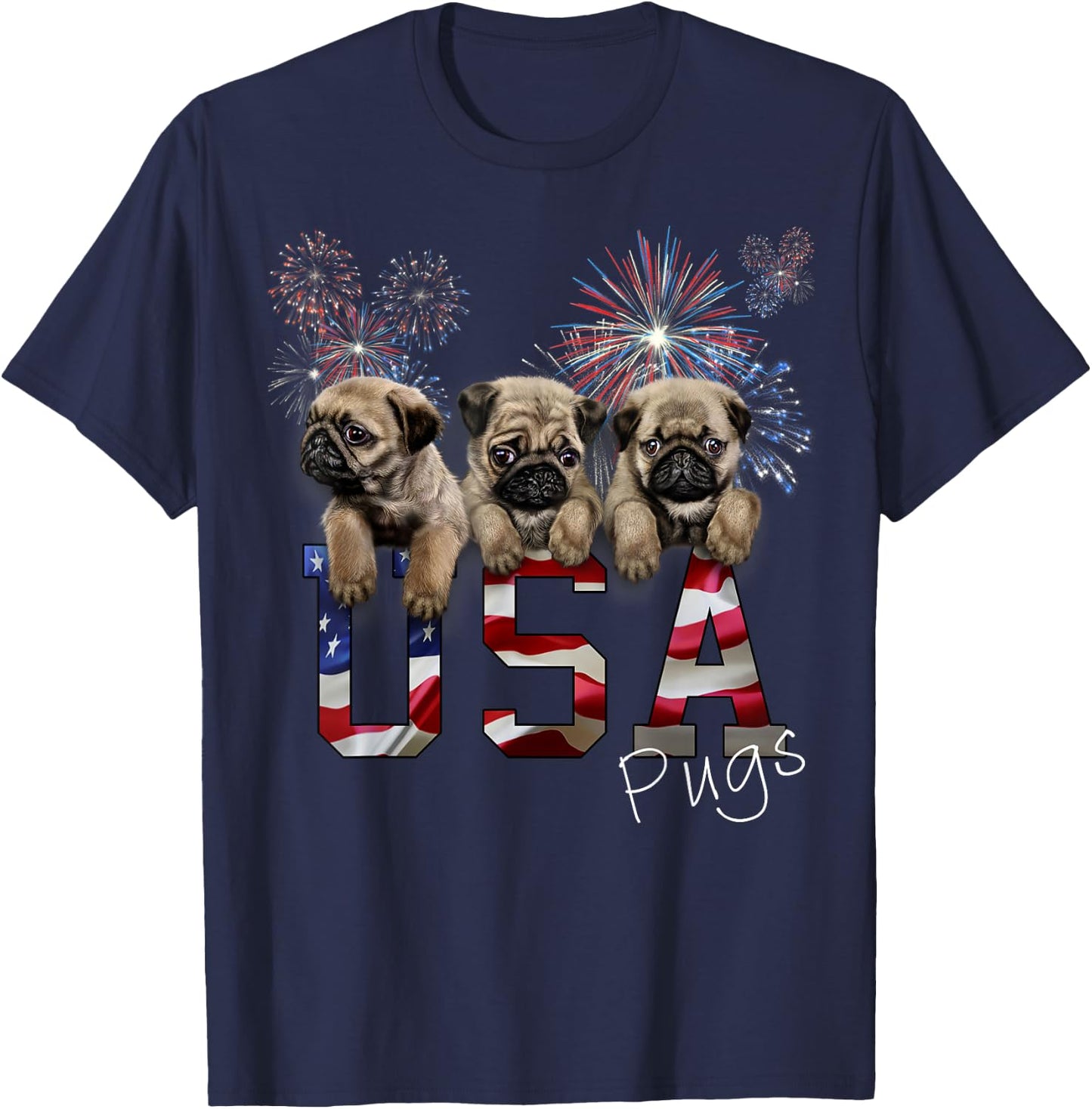 USA Patriot Pug Puppy Dog with Fireworks Women Kids Men T-Shirt - T-Shirt | Navy