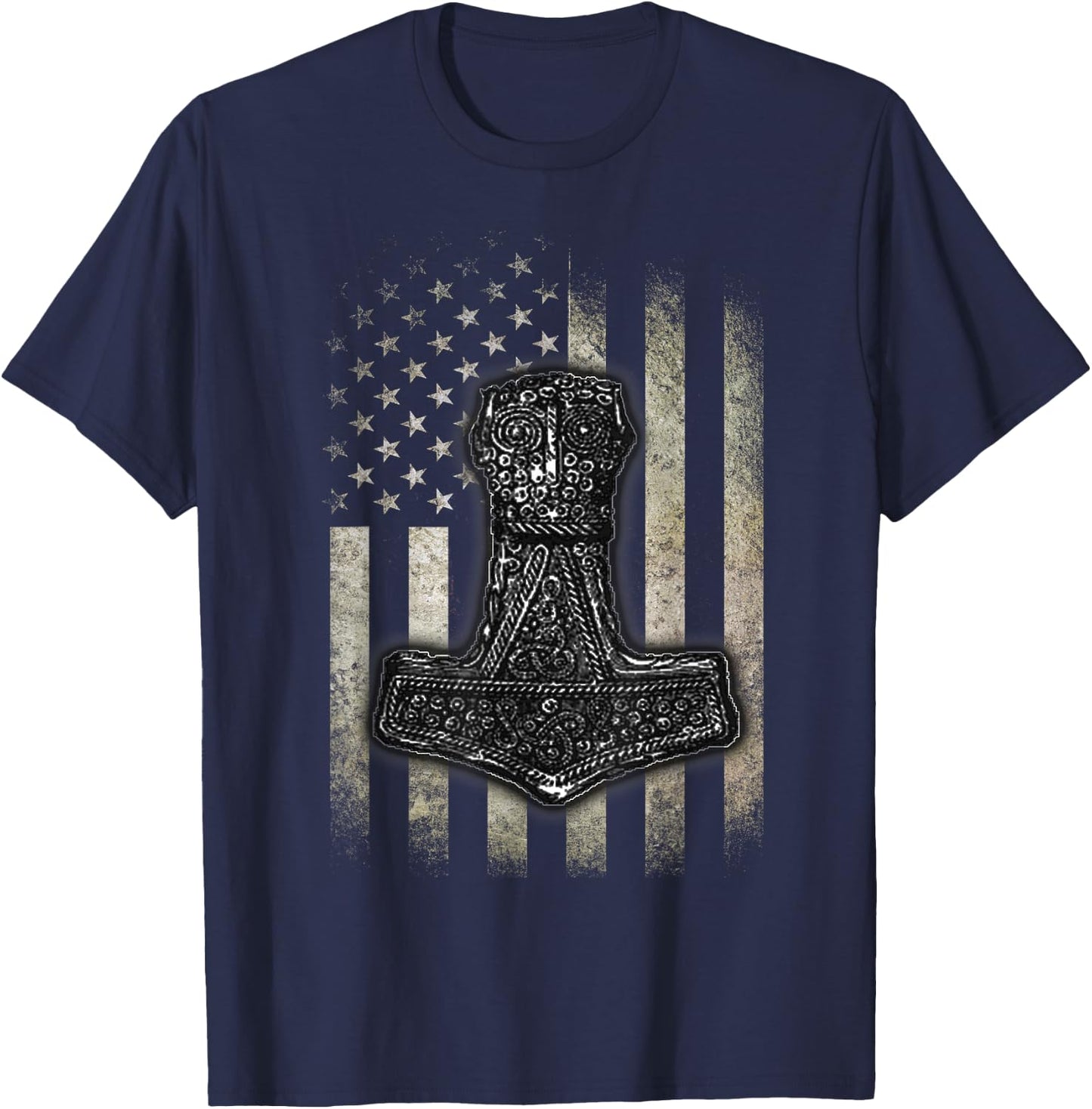 Mjolnir Hammer - American Viking Flag T-Shirt - T-Shirt | Navy