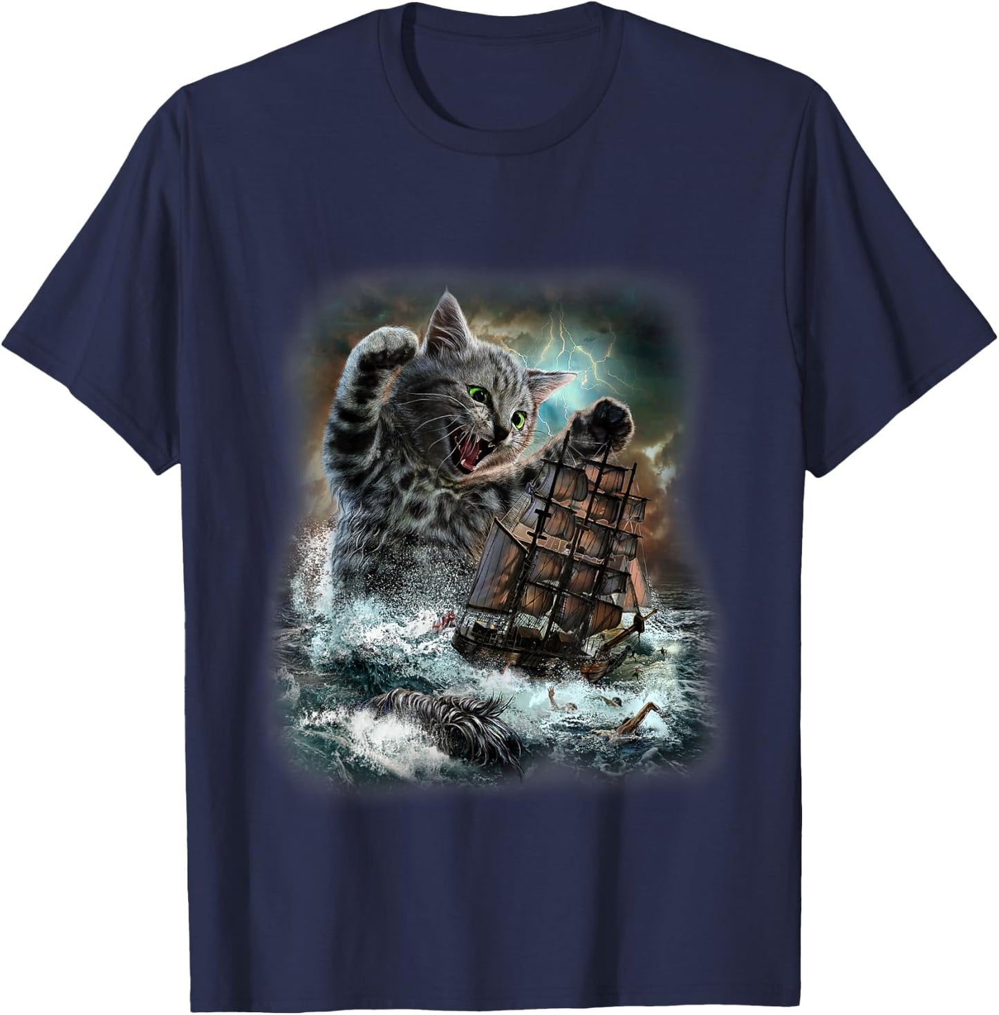 Giant Cat as Kraken Sea Monster Ambush a War Ship in Ocean T-Shirt - T-Shirt | Navy