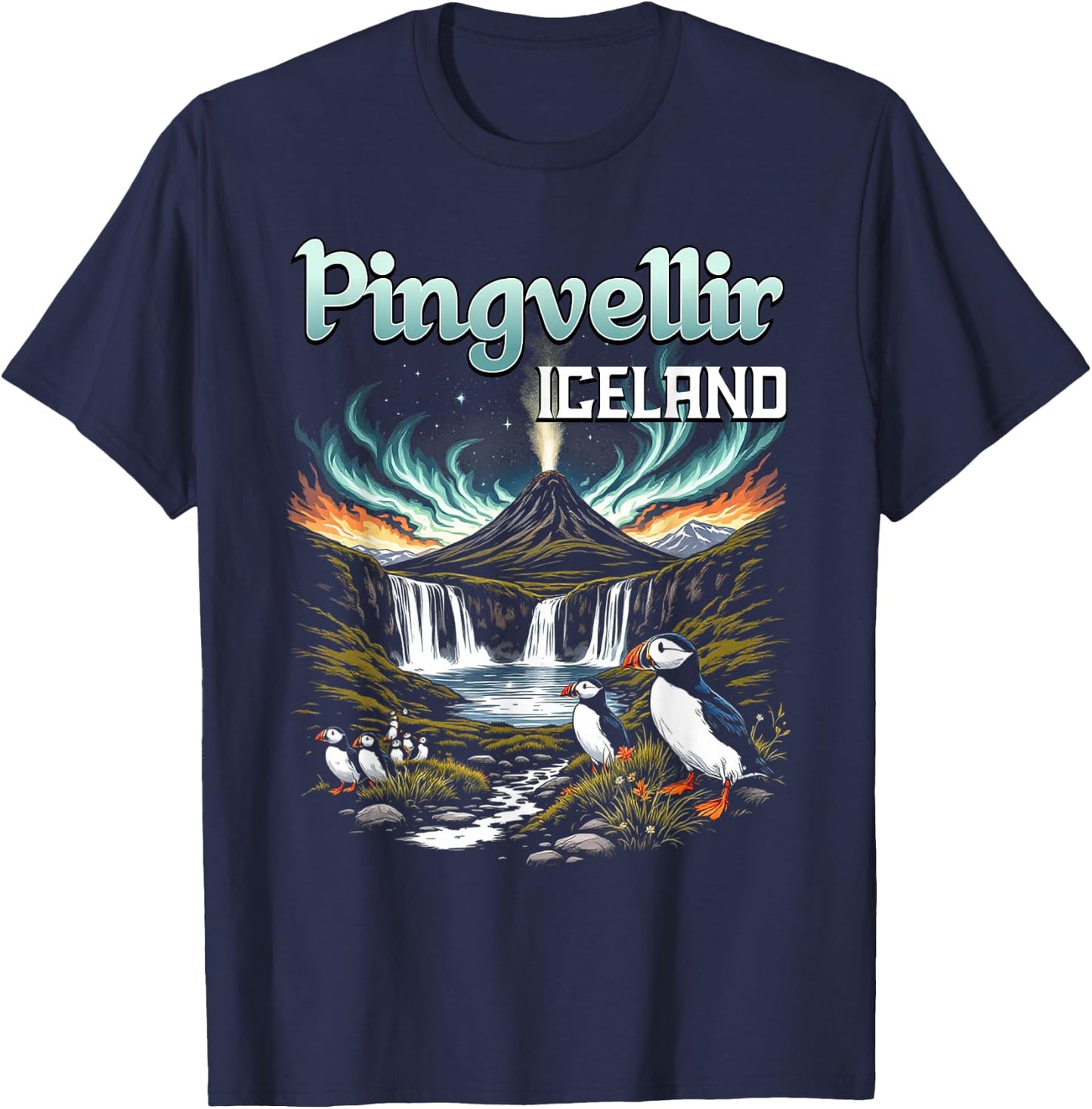 Þingvellir Iceland Souvenir Icelandic Volcano Puffin Birds T-Shirt - T-Shirt | Navy