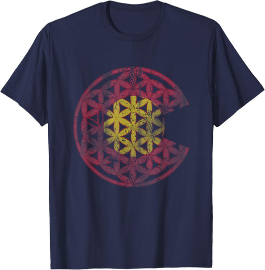 Colorado Flag Flower Of Life Mandala Vintage Fade Women Girl T-Shirt - T-Shirt | Navy