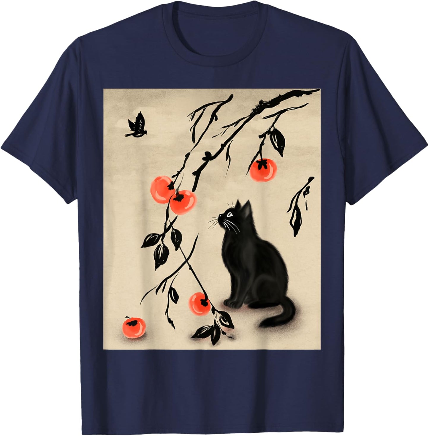 Minimal Cat and Persimmons with Bird in Sumi-e Scene Art T-Shirt - T-Shirt | Navy