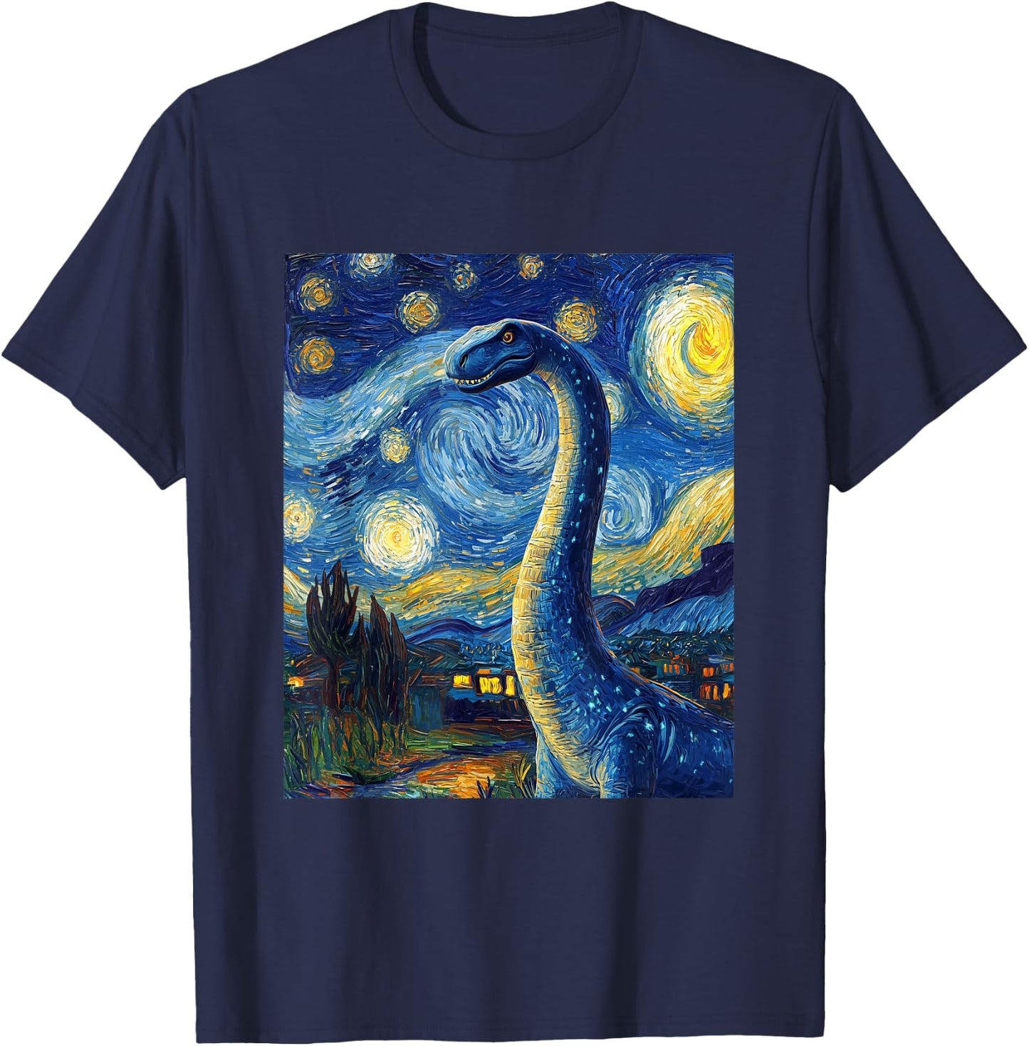 Brachiosaurus Dinosaur Dino - Van Gogh Style - Starry Night T-Shirt - T-Shirt | Navy