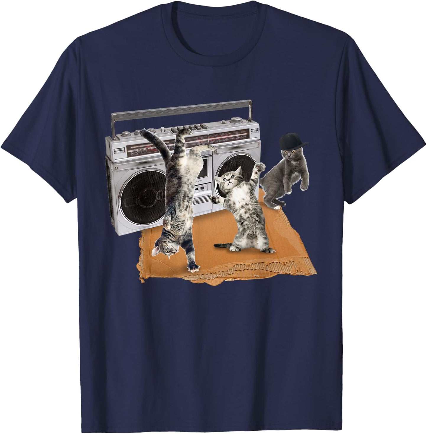 Breakdancing Kitties Cardboard & Boombox Cat Men Women Girls Kids T-Shirt - T-Shirt | Navy