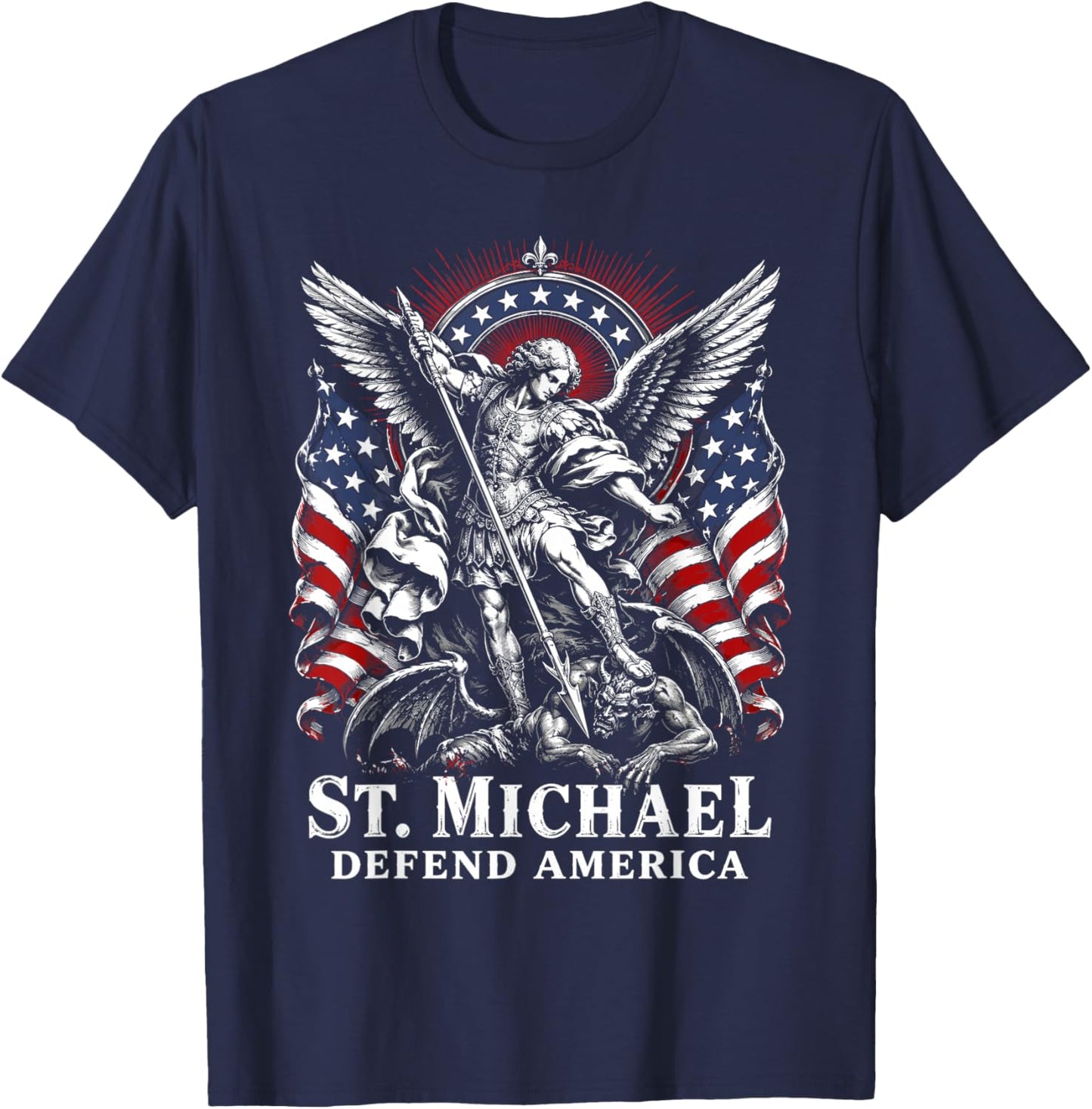 Vintage St. Michael Defend America Archangel Patriot US Flag T-Shirt - T-Shirt | Navy