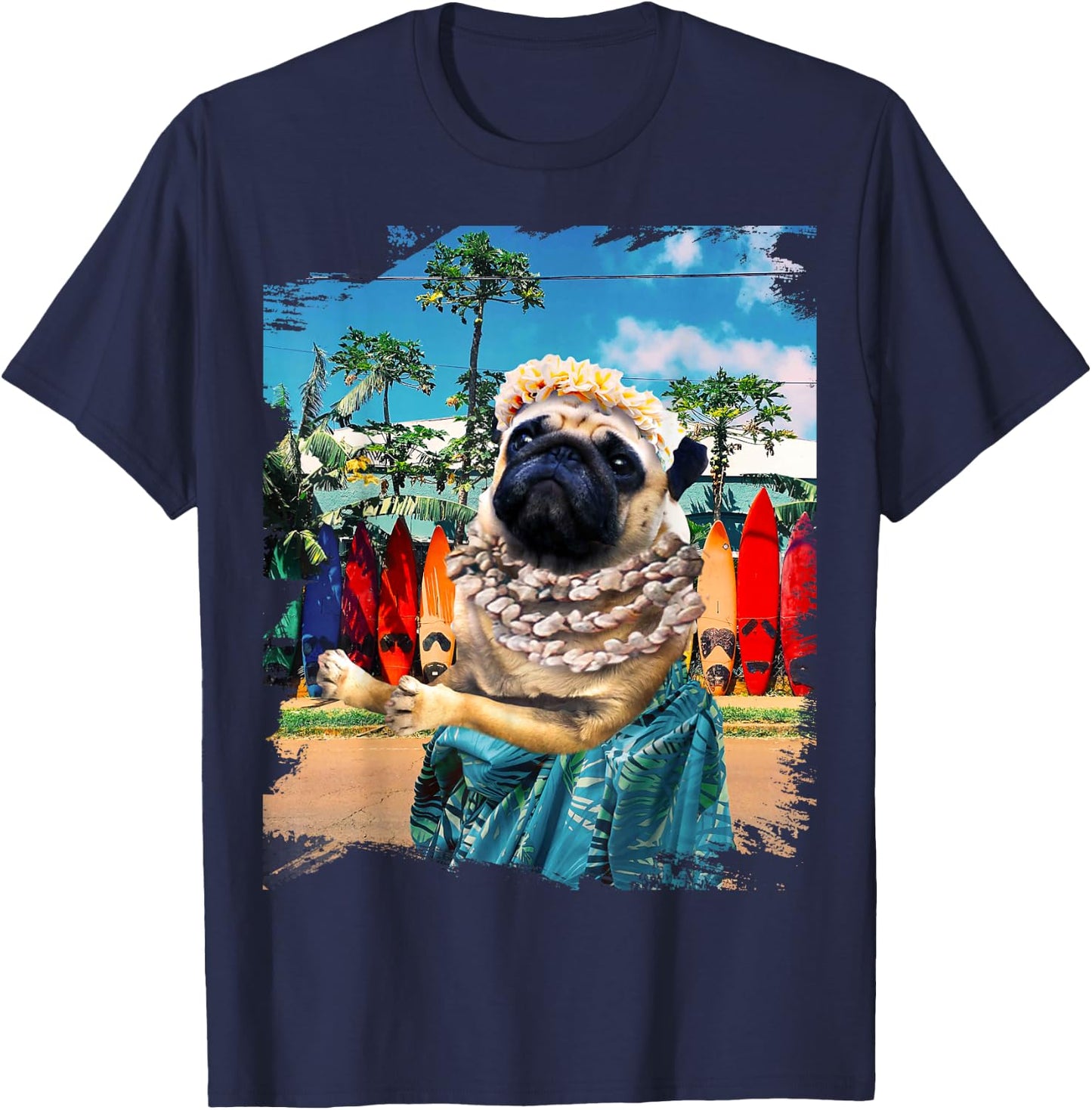 Cute Aloha Pug Hawaiian - , Small, Black, Short Sleeve, Cotton 100% T-Shirt - T-Shirt | Navy