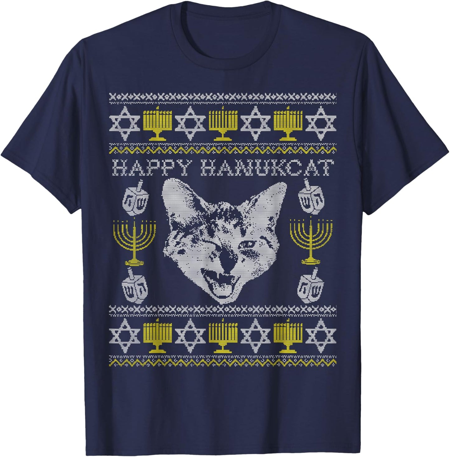 Happy Hanukcat Shirt, Hanukkah Cat, Funny Jewish Christmas T-Shirt - T-Shirt | Navy