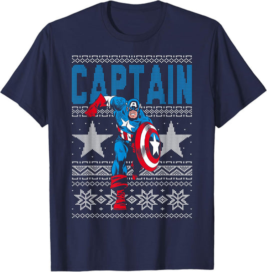 Marvel Captain America Stars Ugly Christmas T-Shirt - T-Shirt | Navy