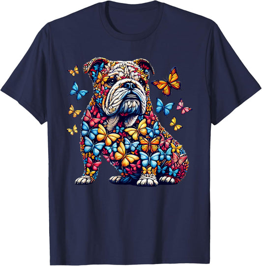 English Bulldog Dog Butterfly Art T-Shirt - T-Shirt | Navy