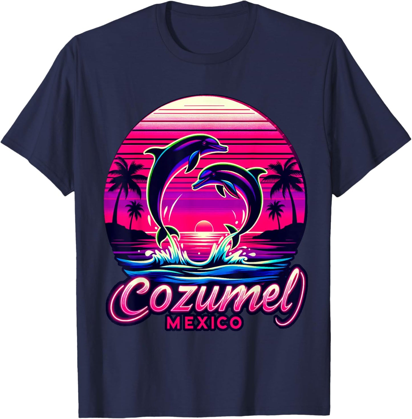 Cozumel Mexico with Palm Trees, Sunset and Dolphins T-Shirt - T-Shirt | Navy