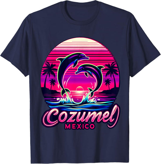 Cozumel Mexico with Palm Trees, Sunset and Dolphins T-Shirt - T-Shirt | Navy