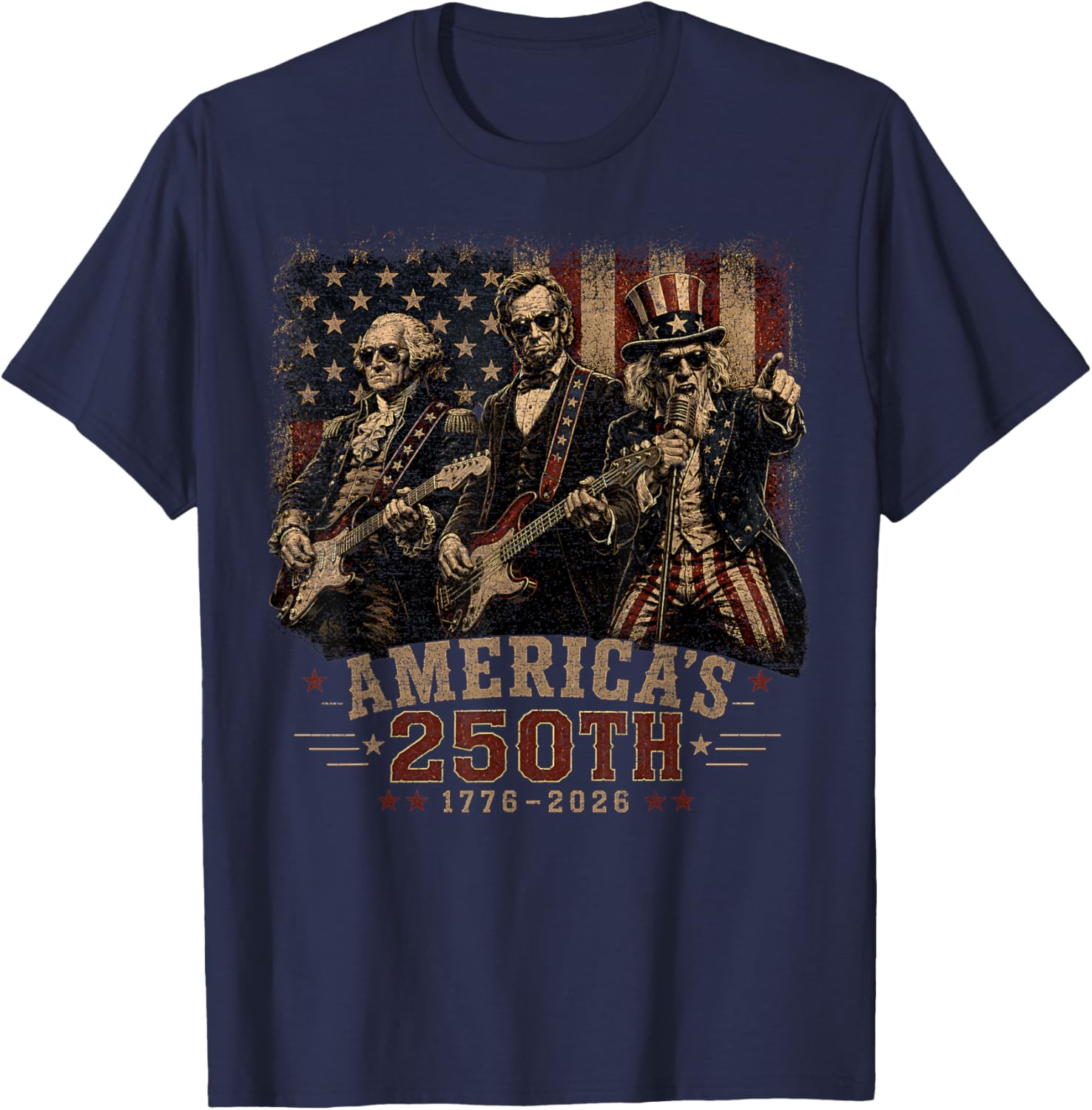 Washington Abraham Uncle Sam Playing Guitar 4th July 250th T-Shirt - T-Shirt | Navy