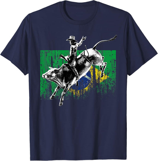 Rodeo Bull Rider Patriotic Flag of Brazil Cowboys T-Shirt - T-Shirt | Navy