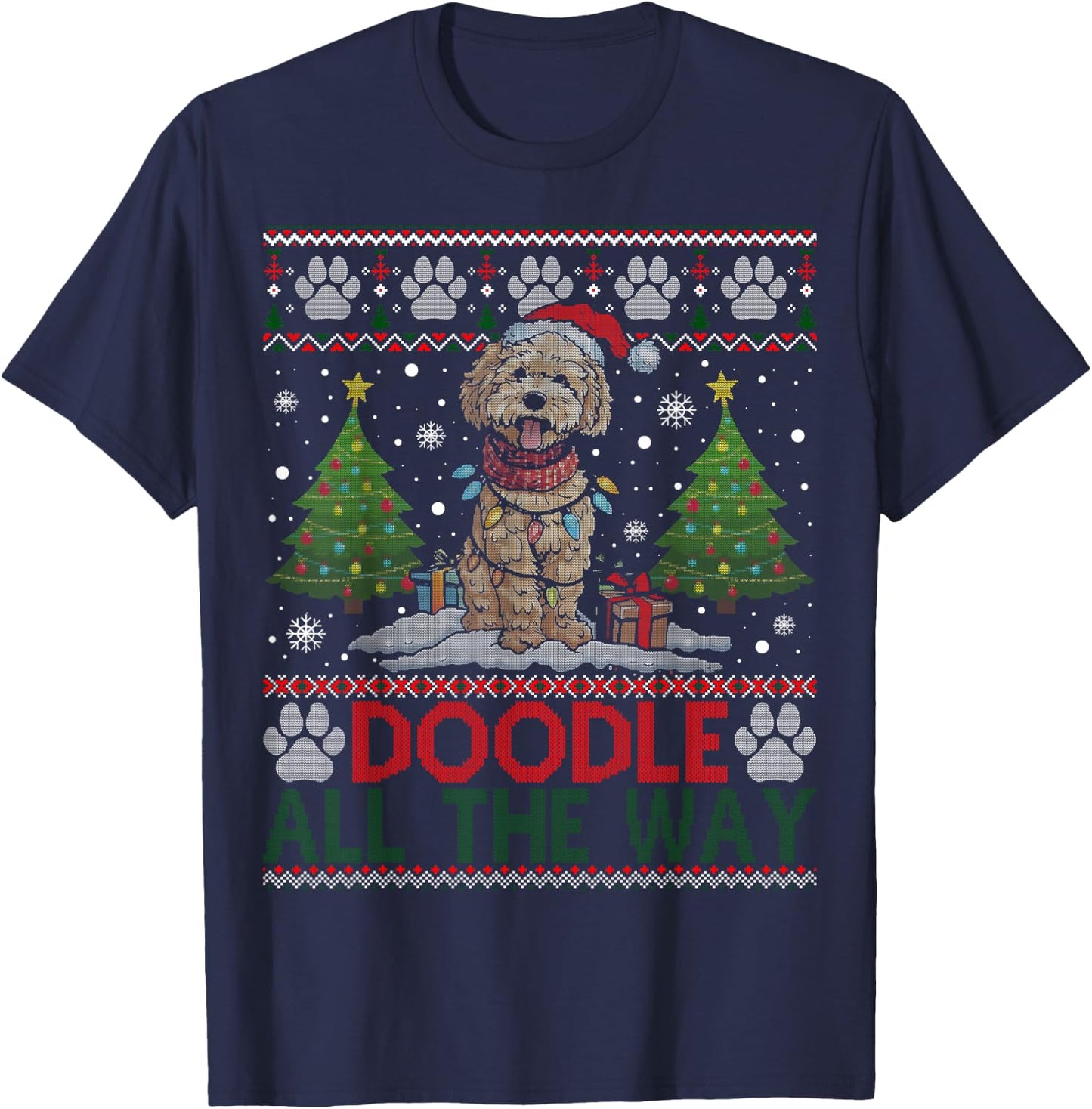Doodle All The Way Labradoodle Santa Hat Christmas Ugly T-Shirt - T-Shirt | Navy