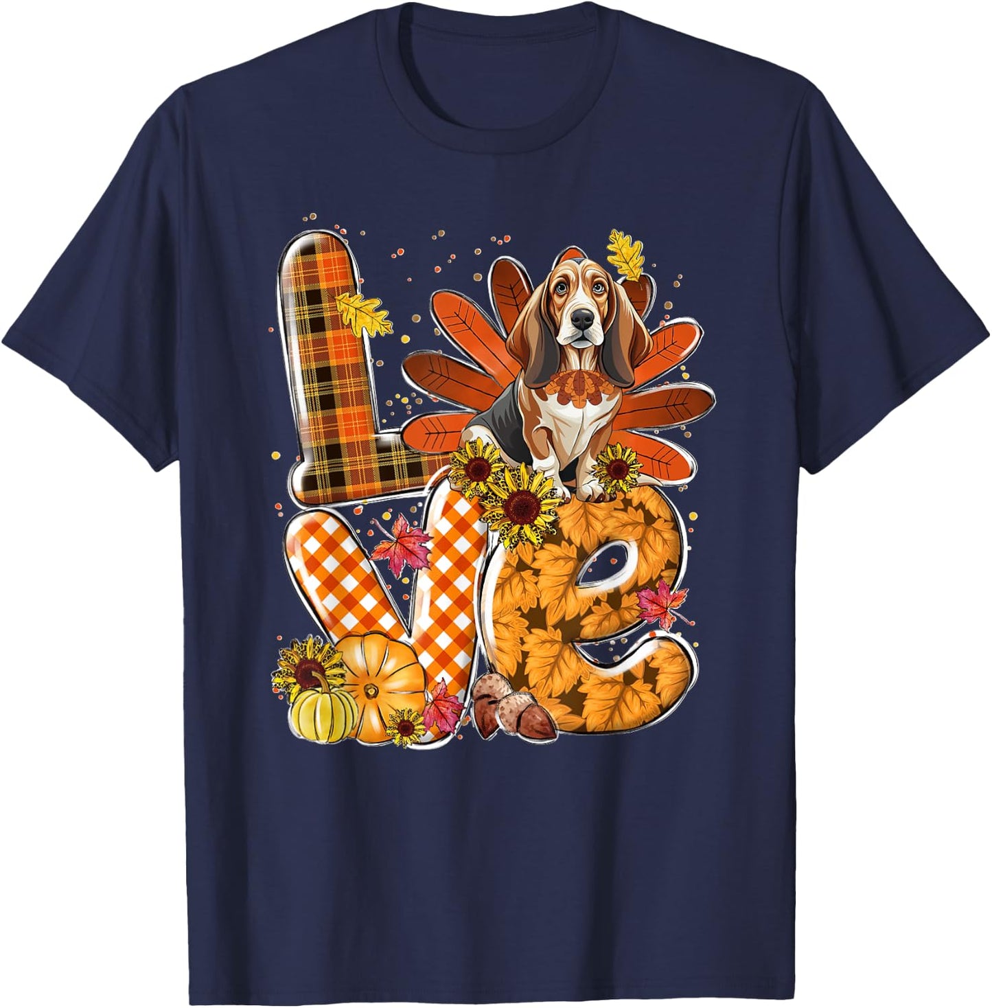LOVE Thanksgiving Cute Basset Hound turkey Pumpkin Fall T-Shirt - T-Shirt | Navy