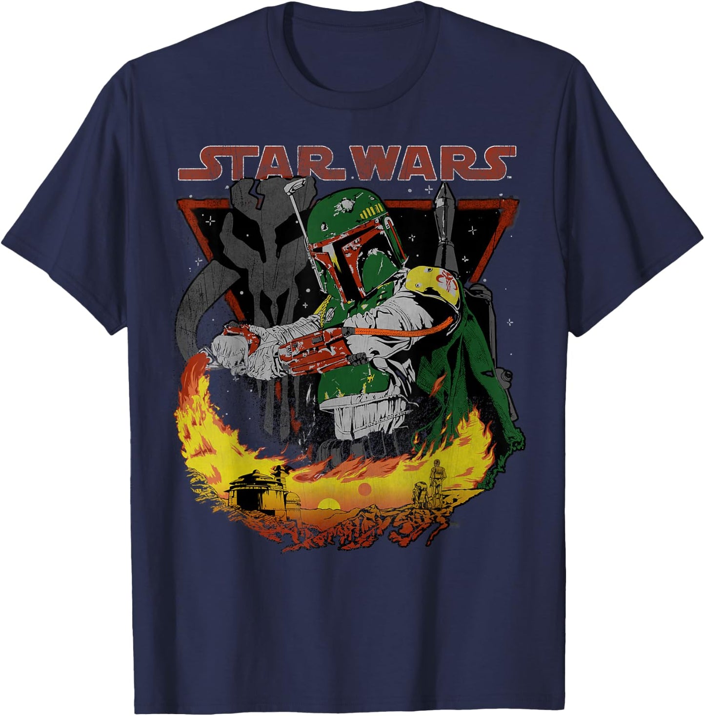 Star Wars Boba Fett Tatooine Flame Retro Poster T-Shirt - T-Shirt | Navy