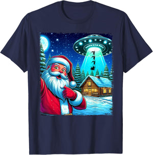 Santa Claus Shocked UFO Alien Reindeer Abduction Selfie Xmas T-Shirt - T-Shirt | Navy