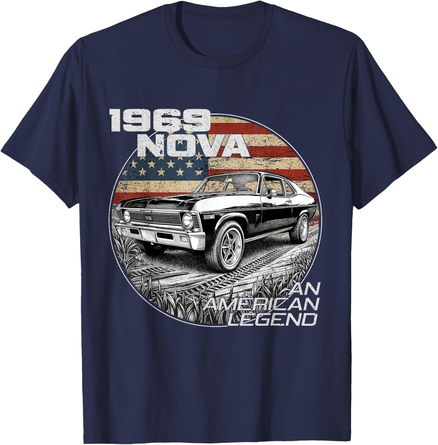 1969 69 Nova Silhouette Muscle Car American Flag T-Shirt - T-Shirt | Navy