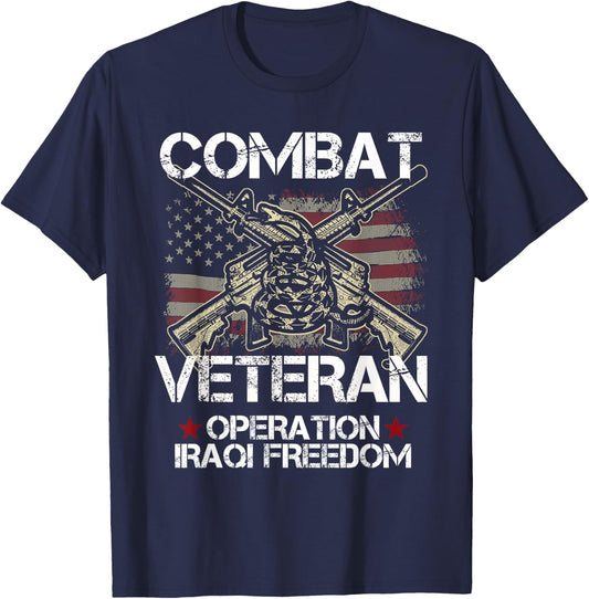 Combat Veteran Iraqi Freedom Military USA American Flag Gift T-Shirt - T-Shirt | Navy
