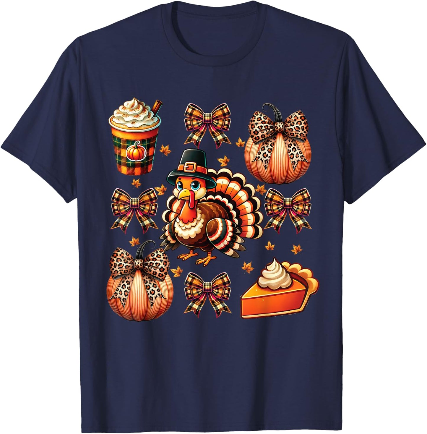 Turkey Drinking Coffee Bow Thanksgiving Turkey Day T-Shirt - T-Shirt | Navy