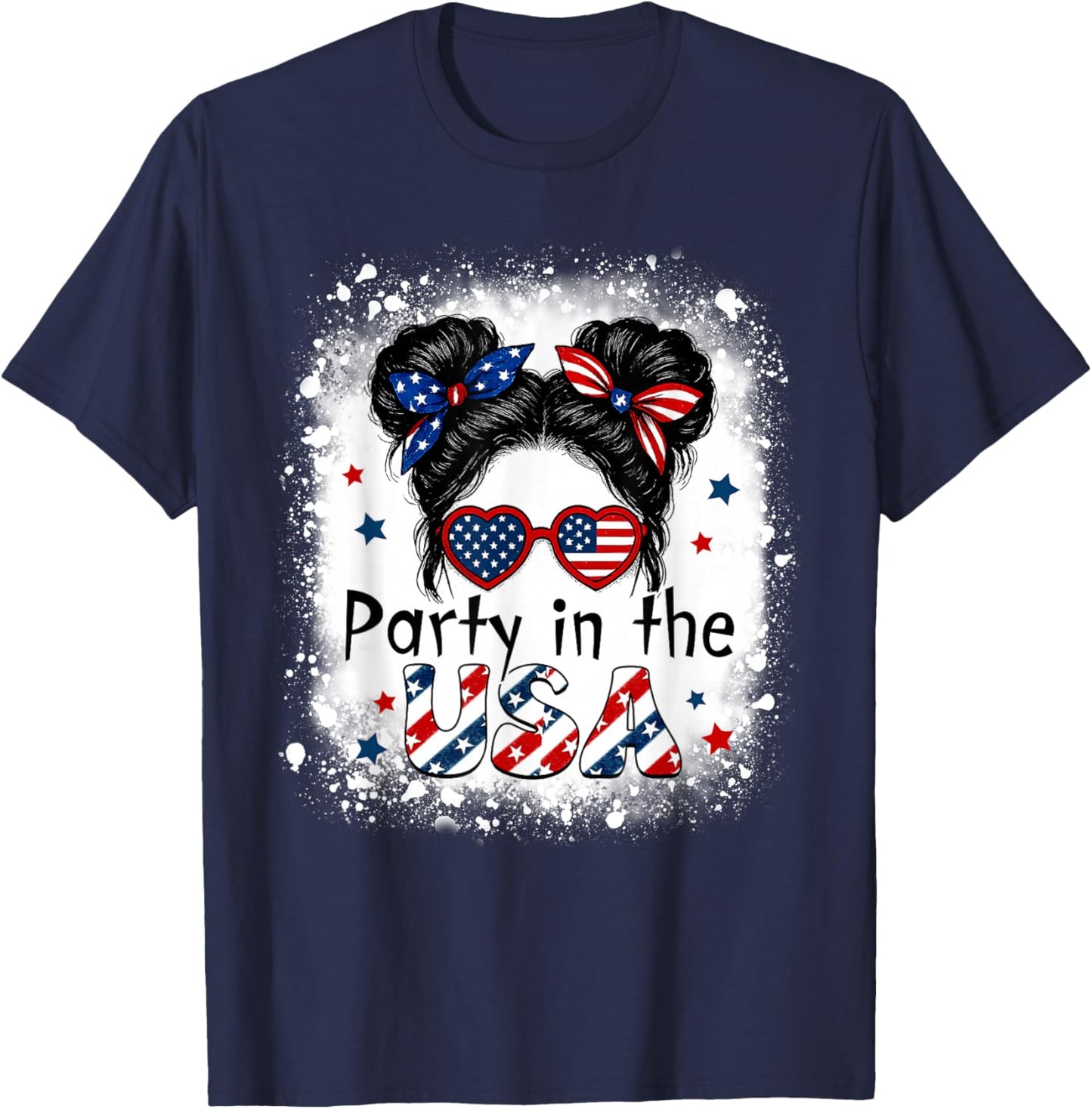 Party In USA Girls 4th of July Shirt Daughter Messy Bun USA T-Shirt - T-Shirt | Navy