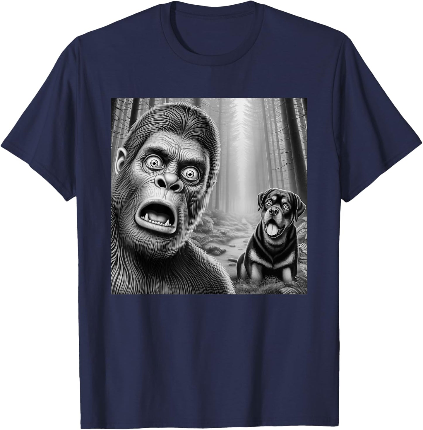 Surprised Bigfoot selfie with rottweiler sasquatch funny T-Shirt - T-Shirt | Navy