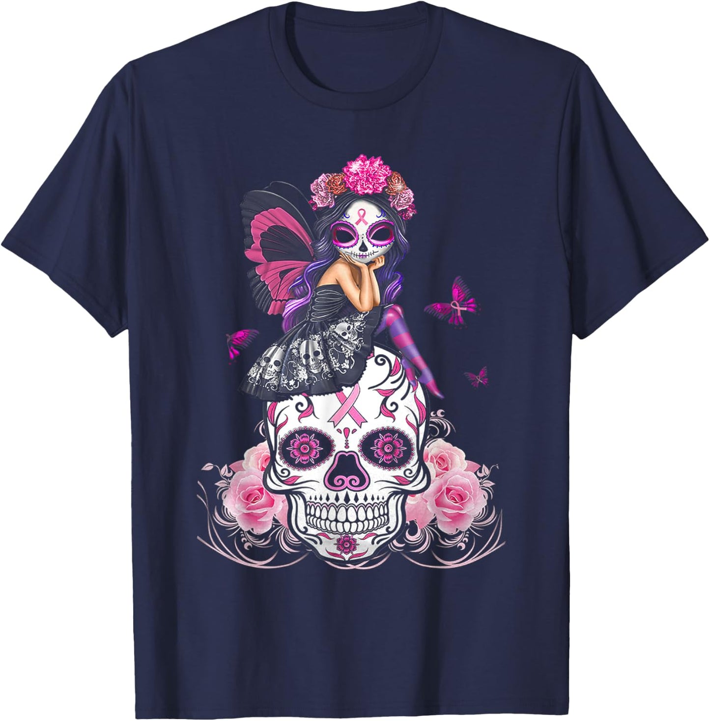 Fairy Sugar Skull Breast Cancer Butterfly Pink Ribbon Woman T-Shirt - T-Shirt | Navy