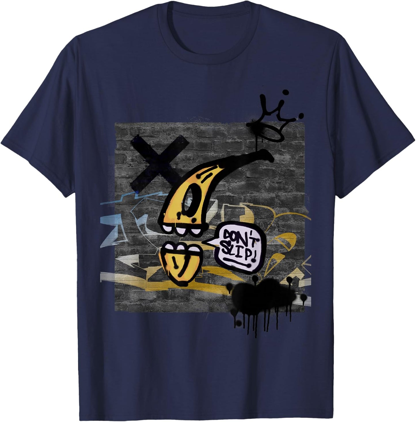 Graffiti on Wall Do Not Slip Talking Banana Graphic T-Shirt - T-Shirt | Navy