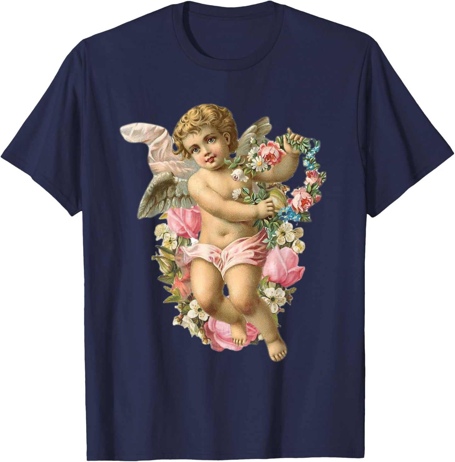 Angelic Vintage Cherub with Daisies & Pink roses T-Shirt - T-Shirt | Navy